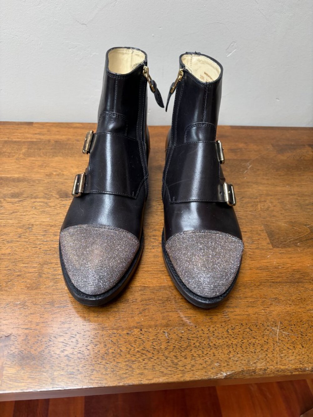 The Office Of Angela Scott Leather Boots Sparkle Toes Side Buckle Size 36.5